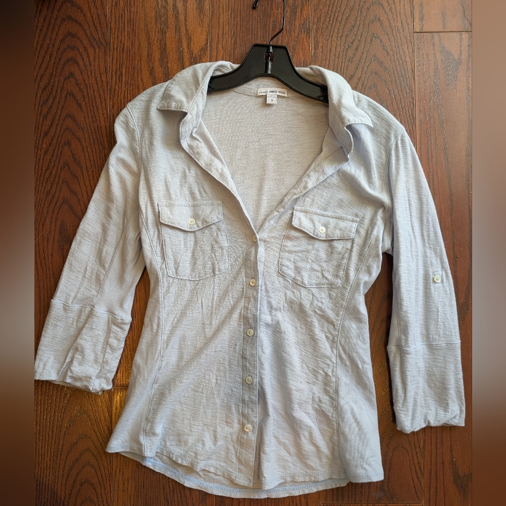 James Perse Standard Light Blue Button-Front Shirt Side Panel Sz 3 Casual